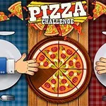 Két asztalnál ülő ember keze látható egy kör alakú pizzával a középpontban, amely felett a PIZZA CHALLENGE felirat olvasható