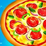 Pepperonis pizzán sajttal, zöldpaprikával, lilahagymával és bazsalikomlevelekkel egy kék háttér előtt