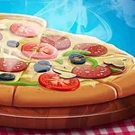 Gőzölgő pizza szeletelve paradicsommal, szalámival, gombával és olajbogyóval fa tálcán egy kockás terítőn