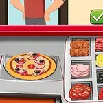Pizza készítése különböző feltétekkel egy konyhai munkalapon, mellette összetevőket ábrázoló rekeszek