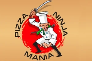 Egy rajzolt séf nindzsa ruhában karddal pózol, körülötte a Pizza Ninja Mania szöveg látható