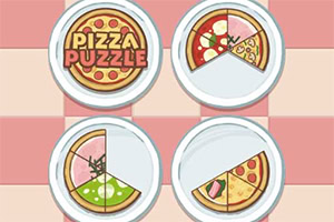 Négy tányér különböző pizzaszeletekkel egy sakktáblaszerű mintázaton, az egyik tányéron Pizza Puzzle felirattal
