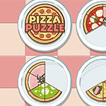 Négy tányér különböző pizzaszeletekkel egy sakktáblaszerű mintázaton, az egyik tányéron Pizza Puzzle felirattal