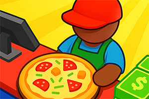 Egy figura piros sapkában és kék pólóban pizzát tart a kezében, mellette pénzjegyek és egy pénztárgép látható