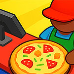 Egy figura piros sapkában és kék pólóban pizzát tart a kezében, mellette pénzjegyek és egy pénztárgép látható