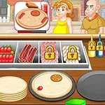 Pizzakészítő állomás különböző feltétekkel, zárva lévő összetevőkkel és várakozó vásárlókkal