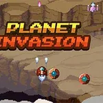 A kép egy pixelgrafikus tájat ábrázol a Planet Invasion felirattal és három lebegő űrhajóval a középpontban