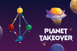 Színes, geometrikus alakzatokkal összekötött bolygók, különböző mintázatú vonalakkal, egy űrhajóval és Planet Takeover felirattal az űr hátterében