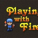 Színes, lángnyelvekkel díszített Playing with Fire 2 felirat sötét háttéren, bal alsó sarokban kék ruhás figura gyufával és bombával