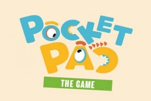 Színes, játékos stílusú szöveg, amely a Pocket Pac címet és alatta a The Game feliratot ábrázolja, világos háttérrel