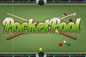 Zöld biliárdasztal két dákóval keresztbe helyezve, különböző színű golyókkal és Pocket Pool felirattal a középpontban