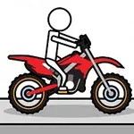 Egy fehér pálcikaember piros motorbiciklin ül és egy szürke platformon áll