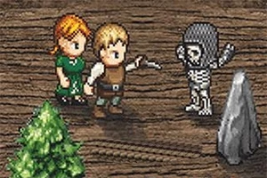 Egy pixeles grafikai stílusú kép, amelyen két ember és egy csontváz áll egymással szemben fa padlózaton, egy kis fa és egy szikla mellett