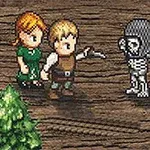 Egy pixeles grafikai stílusú kép, amelyen két ember és egy csontváz áll egymással szemben fa padlózaton, egy kis fa és egy szikla mellett