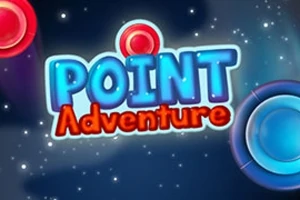 Kék és piros korongokkal körülvett POINT Adventure felirat sötét csillagos háttéren
