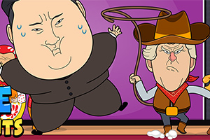 Egy rajzfilmstílusú kép két karakterrel, az egyik cowboy kalapot és lasszót visel, a másik pedig izzad, széles arckifejezéssel