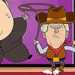 Egy rajzfilmstílusú kép két karakterrel, az egyik cowboy kalapot és lasszót visel, a másik pedig izzad, széles arckifejezéssel