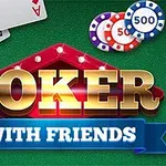 Egy zöld háttér előtt kártyalapok és zsetonok láthatók a POKER WITH FRIENDS felirattal