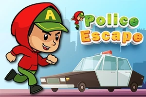 Egy piros kapucnis, vidám figura futást ábrázoló grafika, mellette egy rendőrautó grafikája és „Police Escape” felirat
