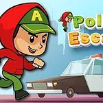 Egy piros kapucnis, vidám figura futást ábrázoló grafika, mellette egy rendőrautó grafikája és „Police Escape” felirat