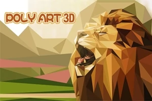 Poligonális stílusban ábrázolt oroszlán egy hegyvidéki táj előtt, a bal felső sarokban Poly Art 3D felirattal