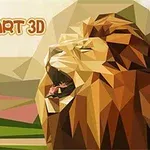 Poligonális stílusban ábrázolt oroszlán egy hegyvidéki táj előtt, a bal felső sarokban Poly Art 3D felirattal