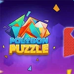 Színes sokszögek kollázsa kék és lila háttérrel, középen egy Polygon Puzzle felirattal, valamint egy kéz ikon a jobboldalon egy piros formát mozgatva