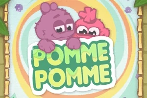 Két színes, rajzfilmszerű lény mosolyog egy Pomme Pomme felirat fölött, színes körökkel és zöld levelekkel körülvéve