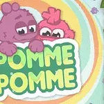 Két színes, rajzfilmszerű lény mosolyog egy Pomme Pomme felirat fölött, színes körökkel és zöld levelekkel körülvéve
