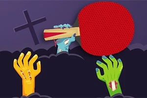Három zombi kéz látható, egy piros pingpongütőt tartva, sírok és egy kereszt mellett