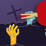 Három zombi kéz látható, egy piros pingpongütőt tartva, sírok és egy kereszt mellett