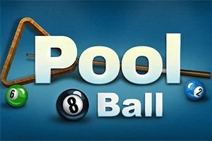 Biliárdgolyók és dákó egy sötét háttéren, középen a Pool Ball szöveg