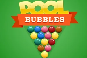 Színes golyók háromszög alakzatban, zöld háttérrel és a Pool Bubbles felirattal