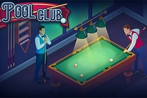 Két férfi billiárdasztalnál játszik egy biliárdteremben, zöld posztóval és három világító lámpával fölötte, Pool Club felirattal a háttérben