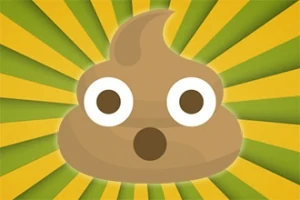 Egy rajzfilmszerű barna kaki emoji meglepett arckifejezéssel, sárga és zöld sugárzó háttérrel