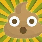 Egy rajzfilmszerű barna kaki emoji meglepett arckifejezéssel, sárga és zöld sugárzó háttérrel