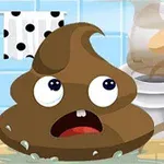 Egy rajzfilmszerű, ijedt arcú barna kupac egy fürdőszobában, háttérben vécével és pöttyös függönnyel, egy mutatóujjal rábökve