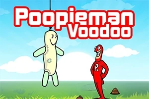 Egy piros ruhás rajzfilmfigura mosolyogva néz egy felakasztott, mosolygó voodoo babát kék éggel és felhőkkel a háttérben
