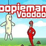 Egy piros ruhás rajzfilmfigura mosolyogva néz egy felakasztott, mosolygó voodoo babát kék éggel és felhőkkel a háttérben