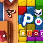Színes blokkok egy cica fejjel az O betűn és Pop Blocks felirattal