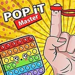 Kéz egy felemelt mutatóujjal, rajta piros fejkötő, körülötte színes, arcokat ábrázoló pop it játékok