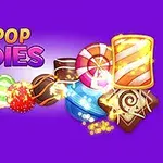 Színes cukorkák és édességek lila háttéren, mellette Pop-Pop Candies felirat