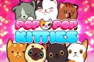 Rajzolt, mosolygó macskák csoportja színes háttérrel és Pop Pop Kitties felirattal