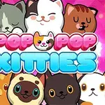 Rajzolt, mosolygó macskák csoportja színes háttérrel és Pop Pop Kitties felirattal