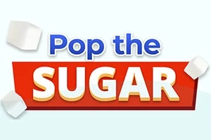 A képen a Pop the Sugar felirat látható piros háttérrel és cukorkockákkal körülvéve