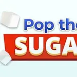 A képen a Pop the Sugar felirat látható piros háttérrel és cukorkockákkal körülvéve