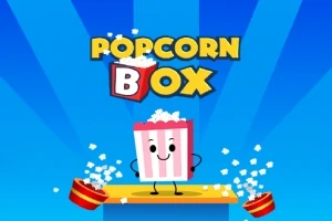 Egy mosolygó pattogatott kukoricás doboz két feldőlt tálból kiömlő pattogatott kukorica között, kék háttérrel és Popcorn Box felirattal