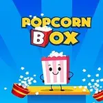 Egy mosolygó pattogatott kukoricás doboz két feldőlt tálból kiömlő pattogatott kukorica között, kék háttérrel és Popcorn Box felirattal