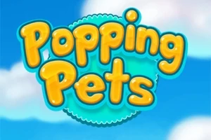 Sárga, domború betűkkel írt Popping Pets felirat kék háttérrel, felhős égbolton