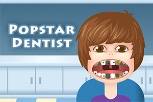 Fiatal figura tátott szájjal fogorvosi rendelőben, miközben az írás: Popstar Dentist megjelenik mellette